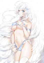 1girls angel angel_wings armband bikini blue_eyes blush breasts choker feathered_wings feathers female frills hair_ornament highres large_breasts long_hair looking_at_viewer navel original shove sidelocks solo swimsuit thighhighs underboob white_hair wings yukineko1018