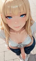 1futa ai_generated big_penis blue_eyes breasts cleavage dickgirl face_focus from_above full_body futa_only futanari hime_cut hime_girl_(jamesbron) intersex jamesbron large_penis long_hair looking_at_viewer no_panties open_pants penis penis_out small_breasts smile solo solo_futa standing wide_hips