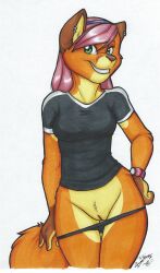 accessory anthro bottomless brandi_(os) canid canine clock clothed clothing clothing_pull ear_piercing ear_ring exhibitionism female fox genitals headband looking_at_viewer mammal marker_(artwork) os panties panty_pull partially_clothed piercing pussy ring_piercing shirt solo t-shirt topwear traditional_media_(artwork) underwear underwear_pull vulva watch wristwatch