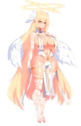 1girls angel angel_wings bangs bare_shoulders blonde_hair blush breast_curtains breasts cleavage dev_(dev0614) female full_body green_eyes halo head_wings highres huge_breasts long_hair looking_at_viewer navel original pelvic_curtain revealing_clothes smile solo thighhighs wings