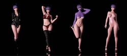 1girls 3d areolae ayane_(doa) bangs breasts breasts_out cleavage clothed dead_or_alive female female_only full_body heels looking_at_viewer mustard_sfm navel nipples panties plain_background ponytail purple_hair red_eyes smile underboob