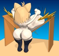 3d anus anus_peek ass back_view breast_drop breasts breasts_bigger_than_head female female_only fizzymola huge_breasts melty_blood neco-arc solo solo_female table tagme