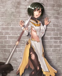 1girls against_wall black_hair black_legwear blurry breasts brick_wall brown_eyes commission depth_of_field dress eyebrows_visible_through_hair female fire_emblem fire_emblem:_radiant_dawn hazuki_(nyorosuke) highres imminent_rape imminent_sex laura_(fire_emblem) looking_at_viewer navel nintendo open_mouth pantyhose polearm scared short_hair skeb_commission small_breasts soldier solo_female solo_focus spear sweatdrop threatening torn_clothes torn_dress torn_legwear turtleneck underboob weapon