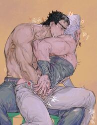 2boys bara big_breasts black_hair black_hair_male half-dressed jean_pierre_polnareff jojo's_bizarre_adventure jotaro_kujo kissing male male/male male_only muscular muscular_male rubbing_penis shirtless stardust_crusaders sweat white_hair white_hair_male yaoi