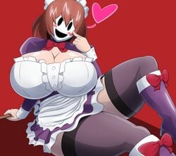 1girls big_breasts blush blushing boots breasts brown_hair cleavage female female_focus female_only heart high-rise_invasion large_breasts maid maid_apron maid_headdress maid_mask maid_uniform mask masked masked_female mechspazer red_background short_hair thighhighs