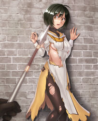 1girls against_wall alternate_version_available black_hair black_legwear blurry breasts brick_wall brown_eyes commission constricted_pupils depth_of_field dress eyebrows_visible_through_hair female fire_emblem fire_emblem:_radiant_dawn hazuki_(nyorosuke) highres imminent_rape imminent_sex laura_(fire_emblem) looking_at_viewer navel nintendo open_mouth pantyhose polearm scared shaded_face short_hair skeb_commission small_breasts soldier solo_female solo_focus spear sweatdrop tears threatening torn_clothes torn_dress torn_legwear turtleneck underboob weapon wide-eyed