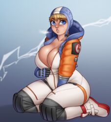 apex_legends blonde_hair blue_eyes bodysuit cleavage female female_only freckles imaginaricide lichtenberg_figure scar short_hair solo solo_female unzipped unzipped_bodysuit unzipping wattson_(apex_legends) weaponized_thickness