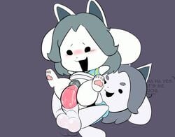 anthro blush bob_(undertale) canid canine clothed clothing dizzytizzy felid feline female genitals hair hi_res male male/female mammal paws penetration penis pussy simple_background tem temmie_(undertale) text topwear undertale vaginal_penetration vaginal_penetration video_games white_body