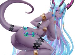 aqua_hair breast_hold breasts chihunhentai dark_skin fate/grand_order fate_(series) horns ibuki_douji_(fate) long_hair nipples nude pointed_ears purple_eyes pussy tail transparent uncensored