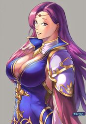 armor big_ass big_breasts brunnya_(fire_emblem) cape cleavage female_only fire_emblem fire_emblem:_the_binding_blade huge_breasts jewelry lipstick long_hair looking_at_viewer nintendo pauldrons pink_hair purple_eyes purple_hair red_hair sideboob signature sketch smiling tempurachronos wide_hips