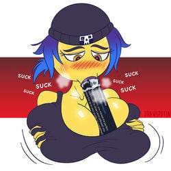 1girls anthro beanie blowjob blue_hair blush breast_squeeze breasts cleavage cleavage_cutout drawsputin emoji emoji_(race) female female_focus female_only grabbing_own_breast heart_eyes jailbreak large_breasts paizuri saliva short_hair sweat sweatdrop the_emoji_movie titfuck titjob twitter yellow_eyes