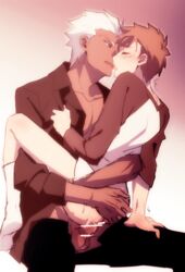 2boys anal archer_(fate) blush clothed_sex dark-skinned_male dark_skin dress_shirt emiya_shirou fate/hollow_ataraxia fate/stay_night fate_(series) french_kiss gay human inaho178 kissing kissing_while_penetrated male_focus multiple_boys open_clothes open_shirt orange_hair raglan_sleeves red_hair selfcest shirt shirt_grab sitting socks straddling tagme upright_straddle white_hair yaoi