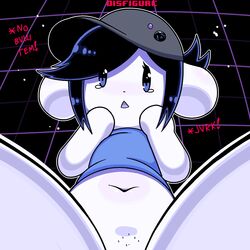 1girls anthro belly belly_button between_thighs black_background blue_shirt blush bottomless canine darky03 deltarune dialogue disfigure feline female female_only fur furry furry_ears furry_only grid hat heart humanoid imminent_sex open_mouth pov pov_eye_contact pubic_stubble shirt simple_background solo solo_female solo_focus tears temmie temmie_(deltarune) white_fur