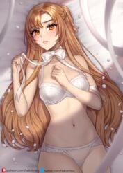 bare_shoulders bow helloimtea lingerie long_hair lying_on_bed orange_eyes parted_lips petals sword_art_online white_bra white_panties yuuki_asuna