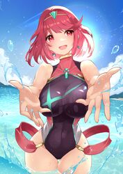 1girls alternate_costume breasts female female_only light-skinned_female light_skin lipstick looking_at_viewer nintendo non-nude ocean open_mouth outdoors outside pink_eyes pink_hair pyra risumi_(taka-fallcherryblossom) solo swimsuit water xenoblade_(series) xenoblade_chronicles_2