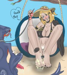 1boy 1girls armpit_hair barefoot beach big_breasts bikini blonde_hair clitoris cum cum_on_feet cynthia_(pokemon) embarrassed feet feet_up female female_human femdom footjob furry garchomp glasses human male male/female male_pokemon male_pokemon/female_human malesub milf penis pervert pokemon pokemon_(species) pubic_hair pussy smegma summer tanned_skin testicles toes vamp666s zoophilia