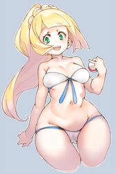 1girls :d alternate_body_type alternate_breast_size belly big_breasts bikini bikini_bottom bikini_top blonde_female blonde_hair braided_hair cameltoe cute female game_freak green_eyes grey_background happy human large_breasts light-skinned_female light_skin lillie_(pokemon) navel nintendo open_mouth pokeball pokemon pokemon_sm pussy_visible_through_clothes sachito smile solo straight_hair thick_thighs thigh_gap thighs voluptuous waist white_bikini wholesome wide_hips