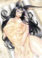 azur_lane breasts huge_areolae huge_breasts megane nipples see-through souryuu_(azur_lane) towel