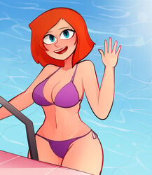 1girls ann_possible arkeus bikini blue_eyes blush breasts cleavage disney disney_channel female female_only kim_possible large_breasts looking_at_viewer milf navel pool purple_bikini red_hair short_hair side-tie_bikini smile standing straight_hair swimsuit waving