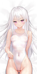 belly_button blush cameltoe mignon nipples one-piece_swimsuit original pussy school_swimsuit see-through see-through_clothing shiro_(mignon) small_breasts swimsuits touching_pussy uncensored violet_eyes wet_clothes white_hair