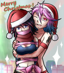 2girls big_breasts black_hair blue_hair bondage bound breasts cleavage ella_(magnolia-baillon) female female_only femdom femsub gag gagged gift_wrapped grabbing_from_behind handcuffs implied_yuri leuedai_(magnolia-baillon) magnolia-baillon multicolored_hair omniv original original_character pink_hair red_hair restrained ribbon ribbon_bondage ribbon_gag santa_hat shoulder_tattoo tattoo tied_up two-tone_hair yuri