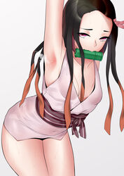 armpits arms_up black_hair demon_slayer female female_only gag hair_ribbon japanese_clothes kamado_nezuko kimetsu_no_yaiba long_hair looking_at_viewer obi pink_eyes slit_pupils small_breasts solo steamy_armpits two_tone_hair yinsan_usaki