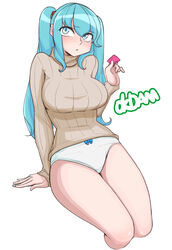 1girls blue_eyes blue_hair blush bow_panties condom female female_only league_of_legends looking_away no_pants okdam panties riot_games sitting solo sona_buvelle sweater thighs twintails white_background white_panties wrapped_condom