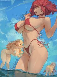 2d 3girls absurd_res areola_slip areolae artist_name ass bangs beach belly belly_button big_breasts bikini blonde_hair blunt_bangs breasts butt cleavage curvaceous curvy curvy_figure cutesexyrobutts dat_ass day erect_nipples erect_nipples_under_clothes female female_only hi_res high_resolution highleg highleg_bikini highres hourglass_figure huge_breasts large_breasts leaning_forward long_hair micro_bikini multiple_girls mythra navel navel_line nia nintendo nipples open_mouth outdoors partially_submerged playful pyra red_eyes red_hair redhead short_hair side-tie_bikini sideboob sidelocks signature sky string_bikini swimsuit thick_thighs thighs thin_waist underboob v water watermark wet wide_hips xenoblade_(series) xenoblade_chronicles_2