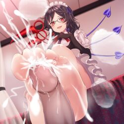 1boy ask_(artist) black_hair cum cum_on_feet cum_on_screen cumshot edit edited explosive feet female footjob glasses nue_houjuu penis red_eyes sitting smiling solejob soles toes touhou