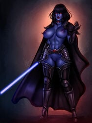 aeryn armor armored_boots armored_dress athletic_female big_breasts blue_body blue_skin cape chiss lightsaber morella pussy red_eyes star_wars