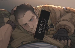 2boys after_fellatio bar_censor bara beanie beard black_hair blue_eyes blush bulge camouflage censored couple cum cum_on_boy facial facial_hair fingerless_gloves glaz_(rainbow_six) gloves goatee hand_on_another's_head hat kapkan_(rainbow_six) levasoj looking_at_viewer male_focus mature_male military military_uniform multiple_boys on_person one_eye_closed pov rainbow_six rainbow_six_siege reward_available short_hair uniform upper_body yaoi