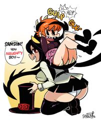 2girls ass black_hair blush breasts edit female filia_(skullgirls) grope hair hips legs multiple_girls orange_hair panties peacock_(skullgirls) pussy samson_(skullgirls) sharp_teeth shirt shoes shyguy9 skirt skullgirls thick_thighs tied_up top_hat yuri