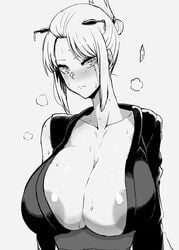 areola_slip areolae big_breasts blush breath cleavage facial_scar female female_only gintama hair_ornament huge_breasts kimono large_areolae looking_at_viewer megao_3rd monochrome no_bra obi open_clothes open_kimono scar solo sweat tied_hair tsukuyo upper_body