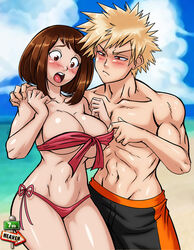 1boy 1boy1girl 1girls 7th-heaven bathing_suit big_breasts bikini_top blonde blonde_hair blush boxers breasts brown_hair brunette cleavage curvaceous curvy curvy_female female katsuki_bakugou large_breasts male muscular muscular_male my_hero_academia ochako_uraraka open_mouth shounen_jump spiky_hair straight