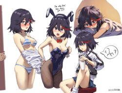 adult_swim angry athenawyrm black_hair blue_eyes blue_leotard blue_skirt blush bow breasts bunny_ears caught cleavage embarrassed english_text fake_animal_ears female fishnet_legwear fishnets hair_between_eyes highleg highleg_leotard highres jacket kill_la_kill leotard looking_at_viewer lying matoi_ryuuko medium_hair multicolored_hair multiple_views playboy_bunny red_neckwear skirt streaked_hair striped sweatdrop tomboy toonami tsundere underwear