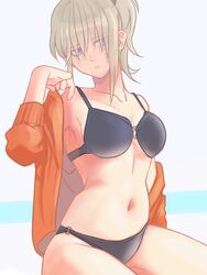 86lhoa bikini black_bikini blonde_hair expressionless facial_scar female female_only gintama hair_over_eyes hoodie medium_breasts off_shoulder official_alternate_costume ponytail purple_eyes sitting solo sweatshirt sweatshirt_and_bikini swimsuit tsukuyo