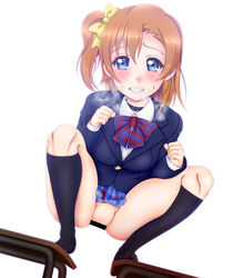 alternate_version_available artist_request blue_eyes censored close-up female kousaka_honoka light_brown_hair looking_at_viewer love_live! love_live!_school_idol_project ponytail pussy school_uniform solo sweat