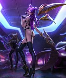 ahri ass bracelets braided_hair breasts car character_in_background detailed_background female female_focus female_only fingerless_gloves garter_straps gloves headset_microphone high_heels k/da_ahri k/da_kai'sa k/da_series kai'sa league_of_legends legs lipstick long_hair looking_at_viewer looking_over_shoulder makeup microphone posing purple_eyes purple_hair richtofen standing thigh_boots thighhighs