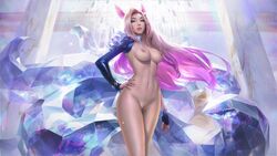 ahri asymmetrical_clothes blue_eyes breasts edit facial_markings female fingerless_gloves fox_ears gloves k/da_all_out_ahri k/da_all_out_series k/da_series league_of_legends long_hair long_nails looking_at_viewer nails nipples pussy richtofen riot_games standing tail uncensored