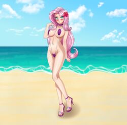 bikini equestria_girls fluttershy_(mlp) humanized micro_bikini my_little_pony open_toe_shoes silver_tongue straight_hair