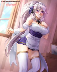 1girls absurdres apron bare_midriff bare_thighs blush cleavage fire_emblem fire_emblem:_genealogy_of_the_holy_war fire_emblem_heroes hair_ribbon hand_on_own_chest highres hocen indoors ishtar_(fire_emblem) large_breasts long_hair looking_at_viewer maid maid_headdress nintendo pantyshot pantyshot_(standing) ponytail purple_eyes purple_hair ribbon shy_smile skirt smile thighhighs upskirt very_long_hair watermark web_address white_hair window