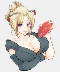 arm_under_breasts armwear big_breasts blonde_female blonde_hair cleavage female female_only gintama hair_ornament kimono looking_at_viewer paleatus pouring_on_self purple_eyes scar solo tied_hair tsukuyo upper_body wakamezake