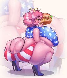 4th_of_july american_flag black_sclera burger gigantic_ass gigantic_breasts huge_breasts huge_thighs looking_at_viewer looking_back mina_ashido my_hero_academia nipple_bulge norodoggo pink_hair pink_skin seductive seductive_eyes seductive_look seductive_smile skimpy smile squatting thick_thighs thong yellow_eyes