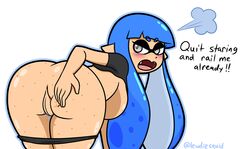 angry big_ass big_breasts blue_hair blush inkling inkling_girl lewdiesquid pants_down pussy splatoon spreading wet_pussy