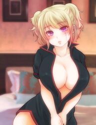 alternate_hairstyle big_breasts blonde_hair blush bottomless cleavage facial_scar female female_only gintama looking_at_viewer loose_clothes no_bra open_shirt paleatus parted_lips popped_collar purple_eyes scar solo tsukuyo twintails wearing_others_clothes