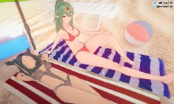 2girls 3d arms_behind_head ball bare_legs barefoot beach beach_ball bikini breasts brown_hair brown_one-piece_swimsuit brown_swimsuit closed_eyes dark-skinned_female dark_skin fefreak726 female female_only fire_emblem fire_emblem_awakening green_eyes green_hair large_breasts legs long_hair looking_at_viewer medium_breasts medium_hair multiple_girls nintendo on_back on_towel one_eye_closed outdoors panne_(fire_emblem) pointy_ears ponytail rabbit_girl red_bikini red_swimsuit relaxing smile swimsuit tiki_(adult)_(fire_emblem) tiki_(fire_emblem) towel twintails