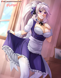 1girls absurdres bare_thighs blush cleavage clothes_lift dress dress_lift fire_emblem fire_emblem:_genealogy_of_the_holy_war fire_emblem_heroes grin hair_ribbon hand_on_own_chest highres hocen indoors ishtar_(fire_emblem) large_breasts lifted_by_self light_blush long_hair looking_at_viewer maid maid_headdress nintendo ponytail purple_eyes purple_hair ribbon smile thighhighs very_long_hair watermark web_address white_hair window