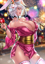 1girls absurdres anima_(togashi) animal_ears bare_shoulders blue_eyes bracelet breasts bunny_ears candy_apple choker cleavage female final_fantasy final_fantasy_xiv fireworks fox_mask highres huge_breasts japanese_clothes jewelry kimono looking_at_viewer mask original parted_lips sash short_hair silver_hair smile solo thighhighs viera yukata