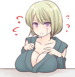 big_breasts blonde_female blonde_hair bob_cut breast_rest cleavage embarrassed facial_scar female female_only gintama hair_down kimono looking_at_viewer nervous paleatus purple_eyes scar short_hair solo tsukuyo upper_body wavy_mouth