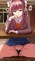 1girls breasts doki_doki_literature_club eye_contact female green_eyes hair_ribbon looking_at_viewer loooyd monika_(doki_doki_literature_club) pov pov_eye_contact presenting presenting_panties school_uniform smile spoken_heart spread_legs thick_thighs thighs thong very_long_hair